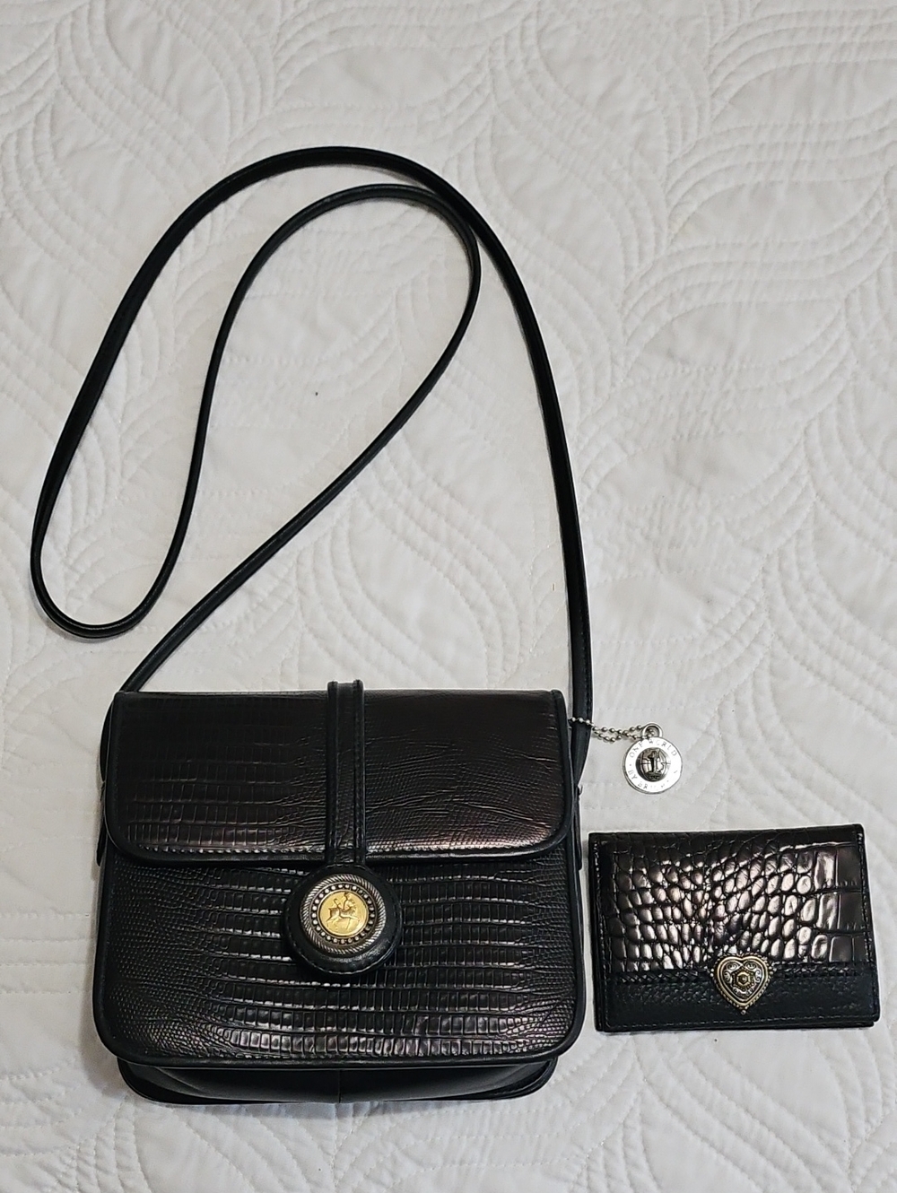 One World By BRIGHTON Black Croc-Embossed Crossbody Bag with Matching Card Case